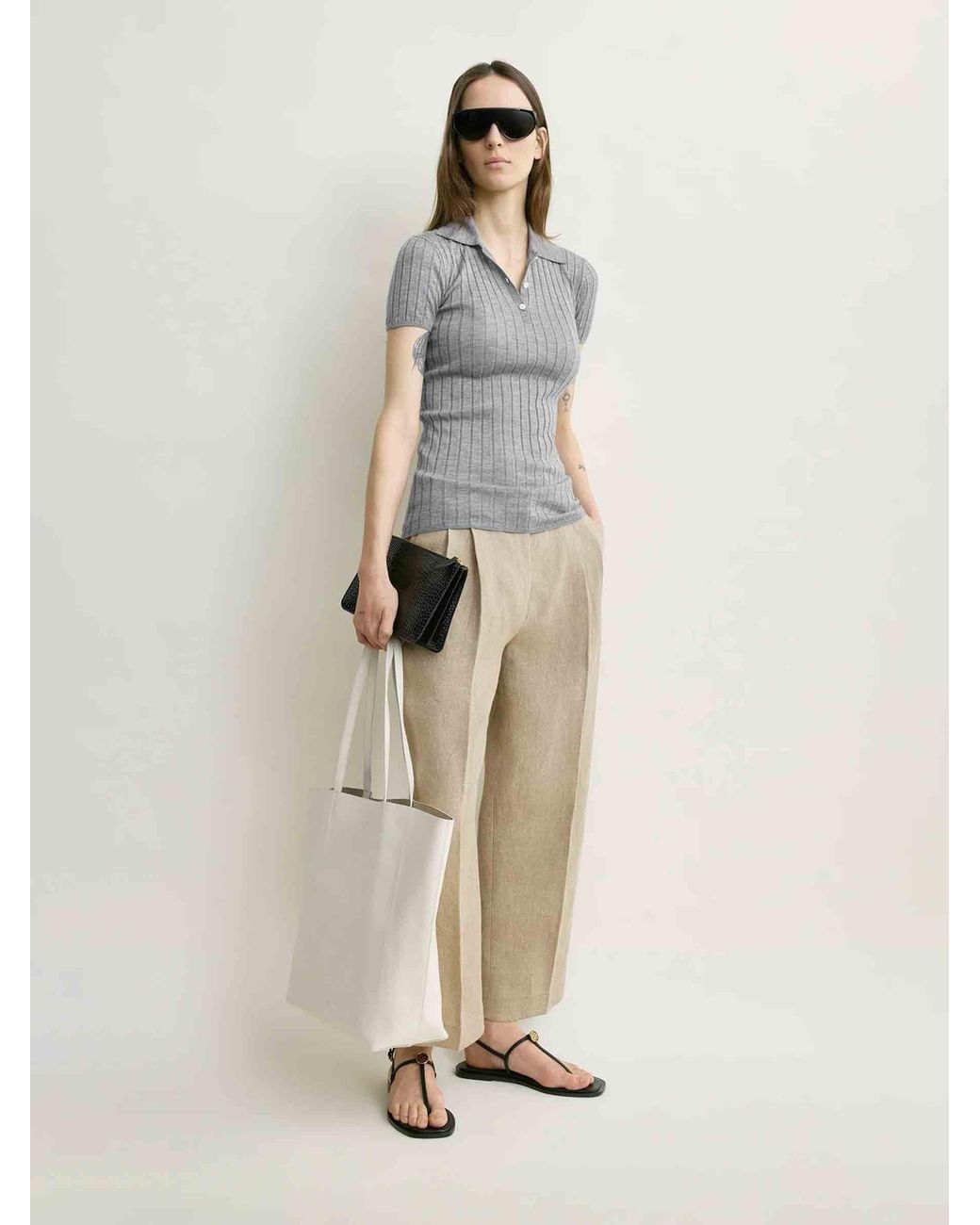 Totême Gray Ribbed Knit Polo Shirt