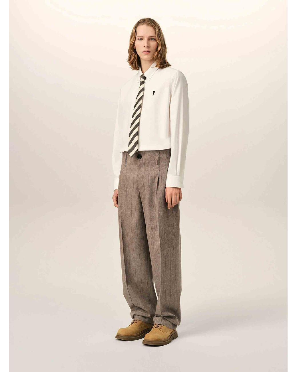 AMI Natural Striped Pleated Pants for men
