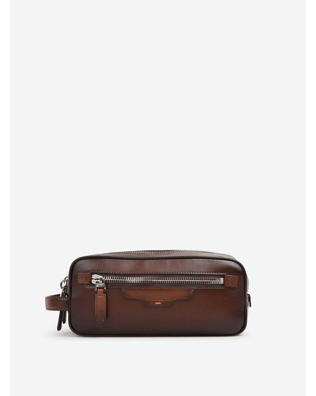 Santoni Brown Leather Zipper Toiletry Bag for men
