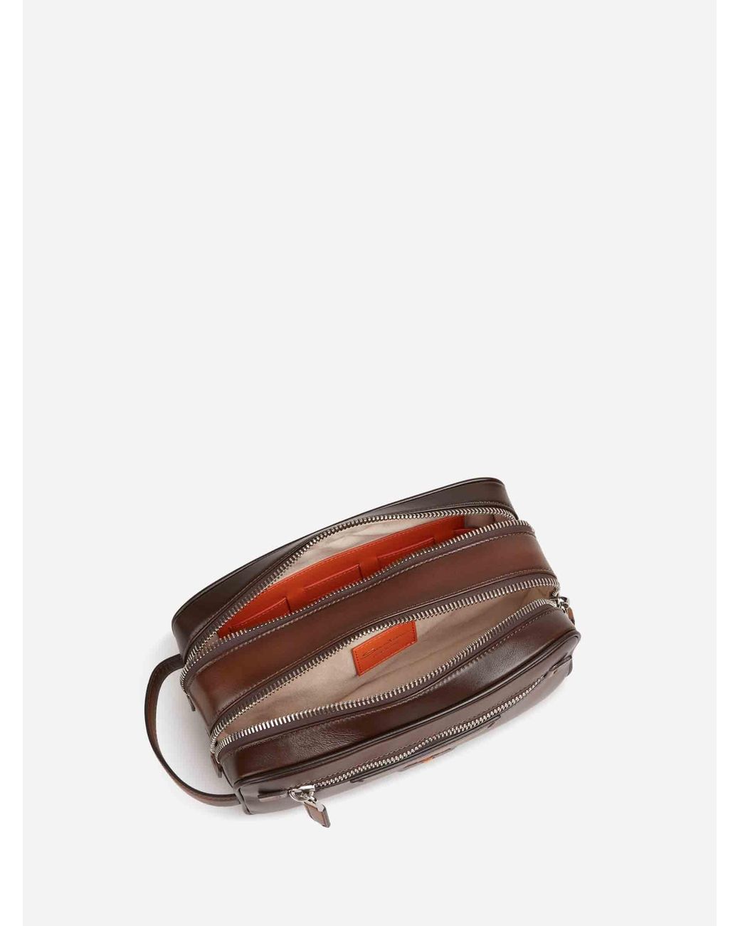 Santoni Brown Leather Zipper Toiletry Bag for men