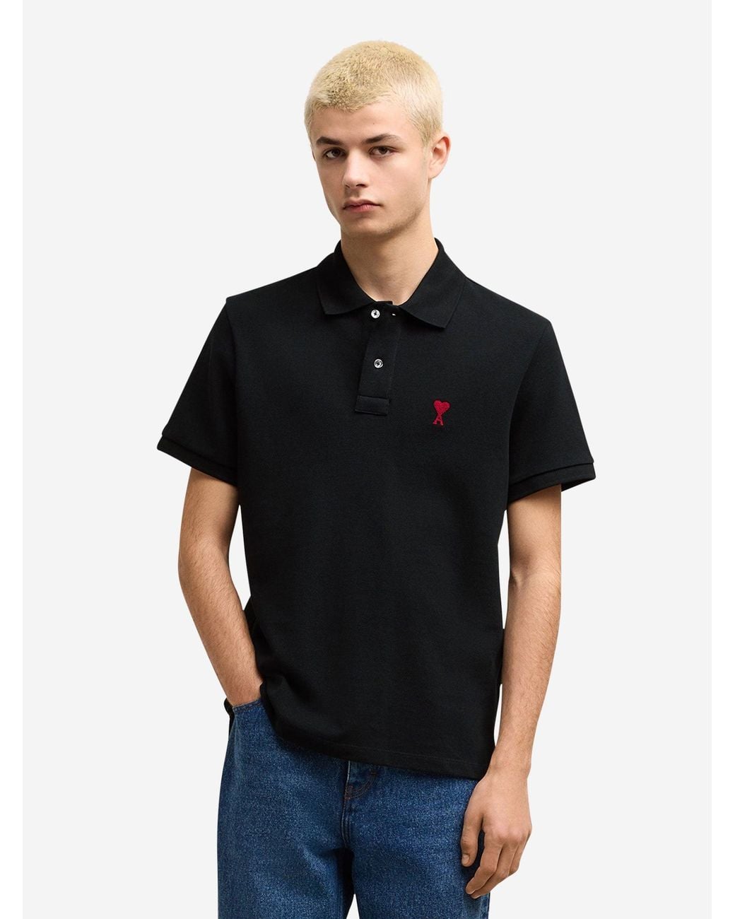 AMI Black Cotton Logo Polo for men