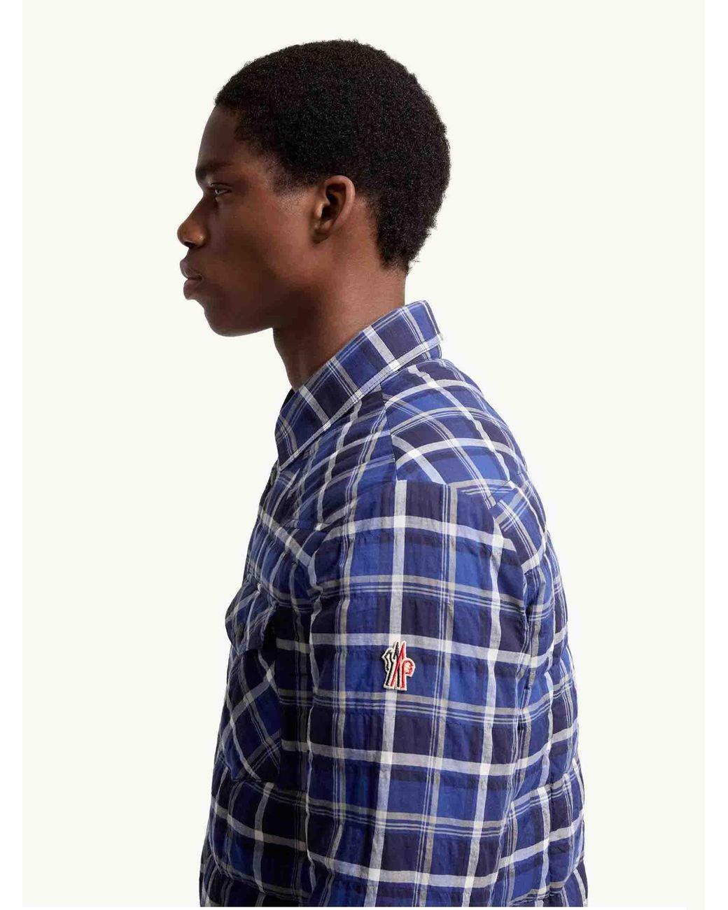 Moncler Blue Quilted Plaid Overshirt for men