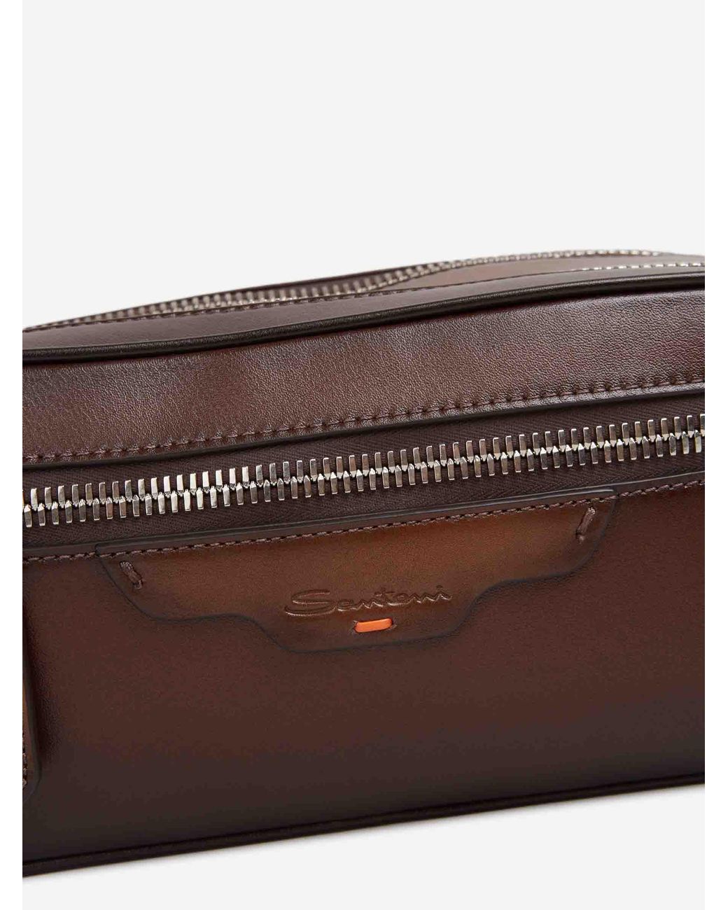 Santoni Brown Leather Zipper Toiletry Bag for men