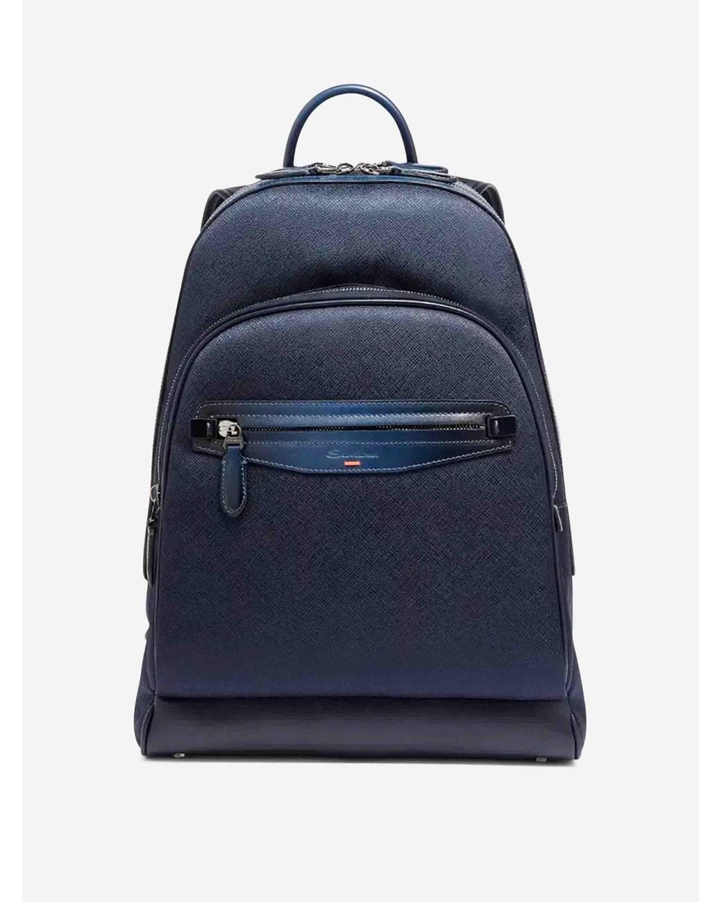 Santoni Blue Leather Nylon Backpack for men
