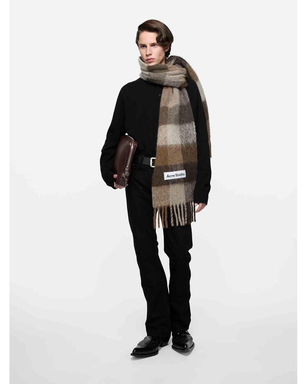 Acne Brown Wool Plaid Scarf