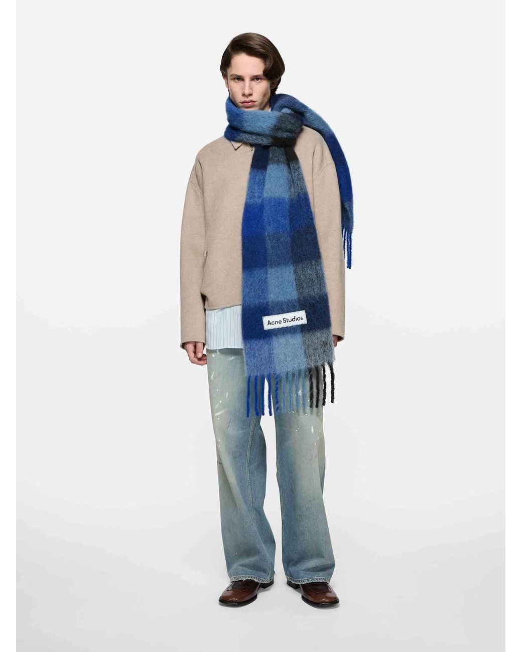 Acne Blue Wool Plaid Scarf