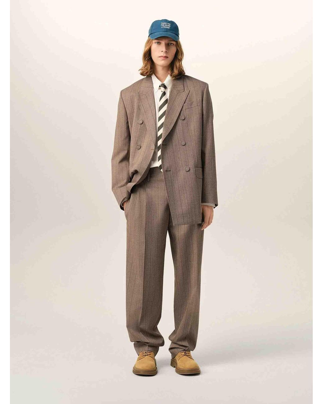 AMI Natural Striped Pleated Pants for men