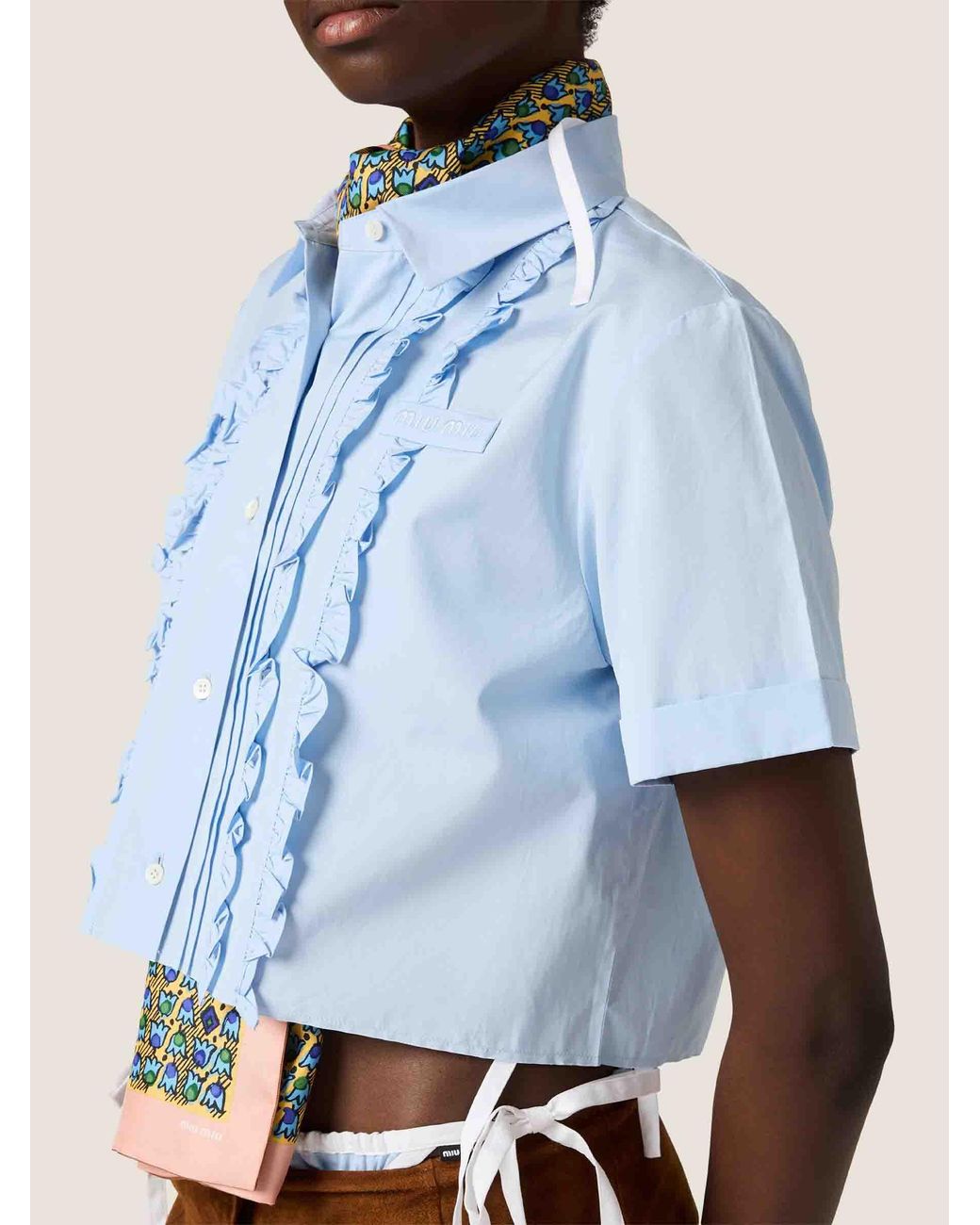 Miu Miu Blue Cropped Ruffle Shirt