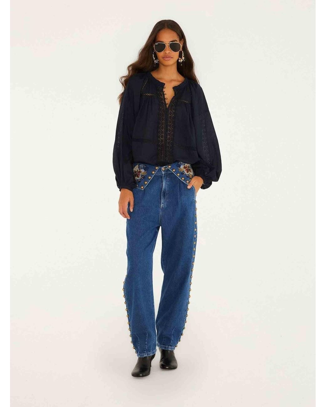 Farm Rio Blue Embroidered Studded Jeans