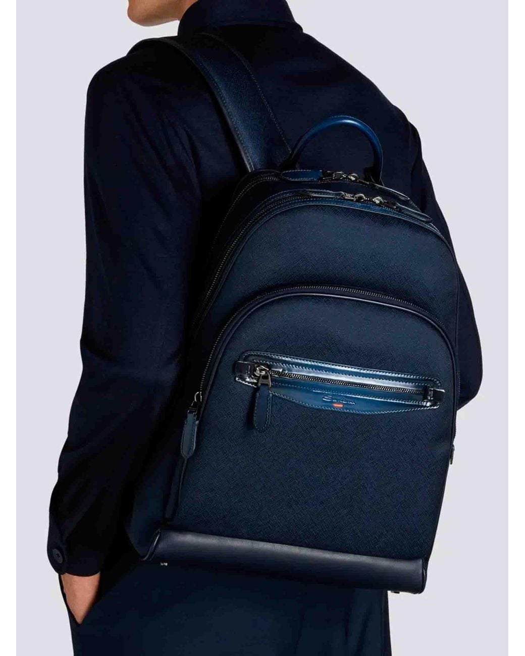 Santoni Blue Leather Nylon Backpack for men