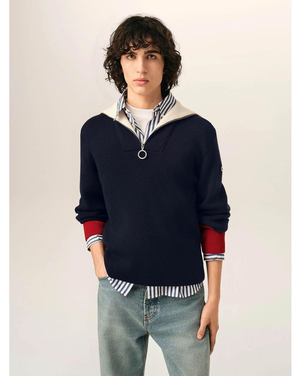 AMI Blue Woolen Zip-Up Sweater