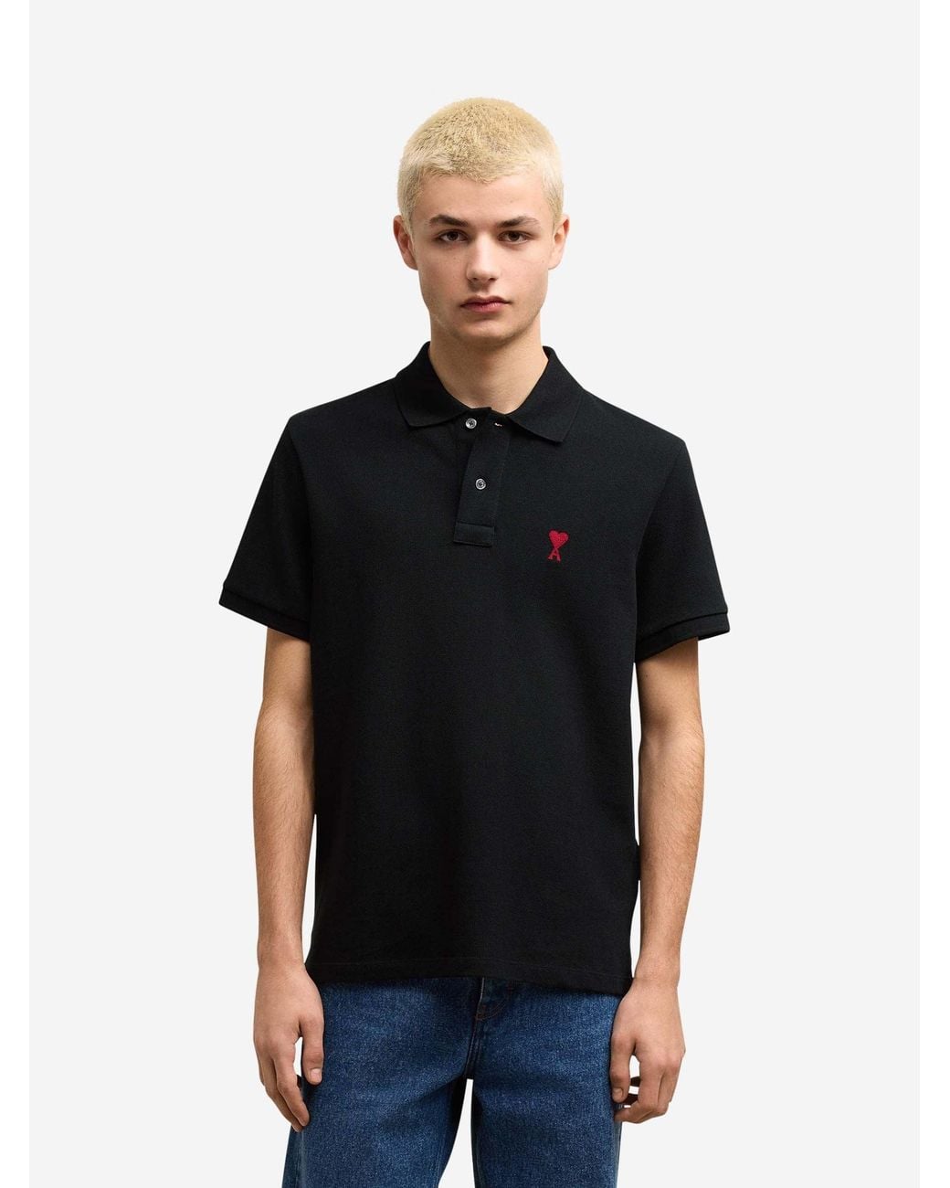 AMI Black Cotton Logo Polo for men