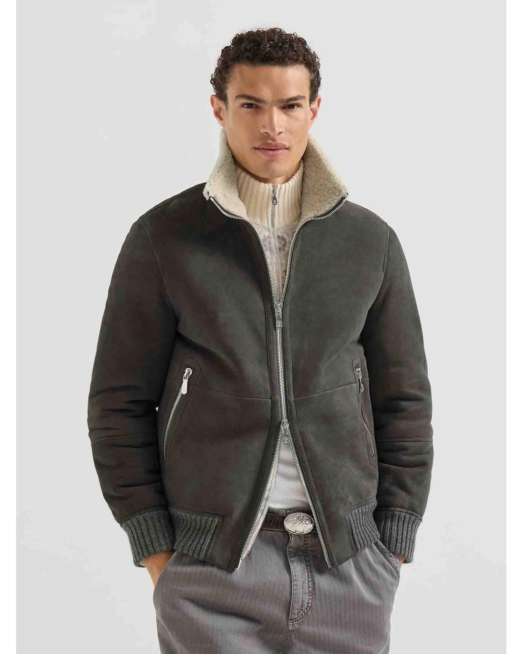 Brunello Cucinelli Black Leather Bomber Jacket for men