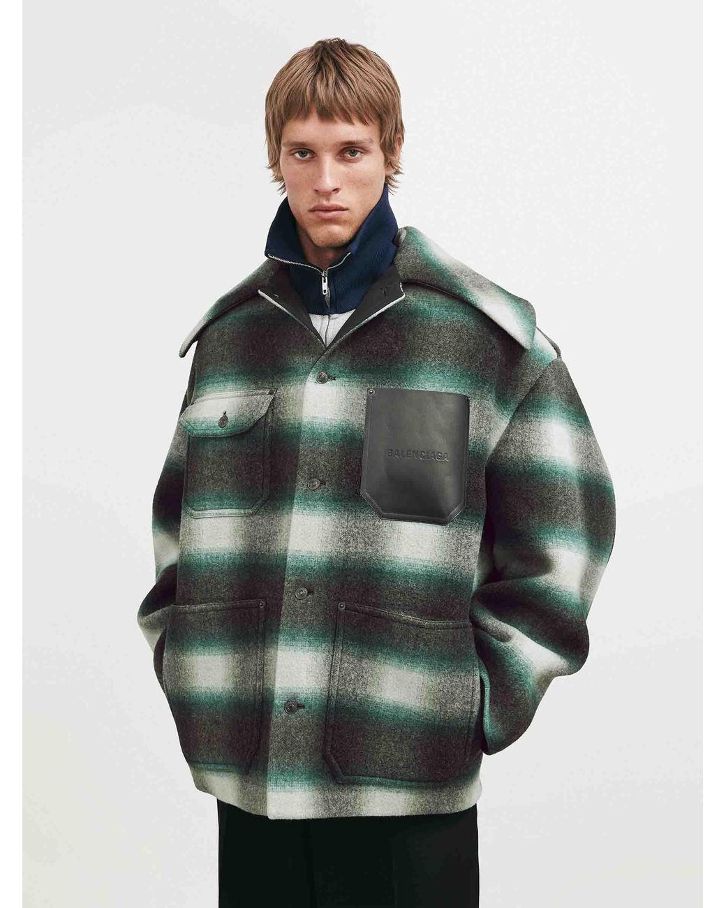 Balenciaga Green Short Plaid Coat for men