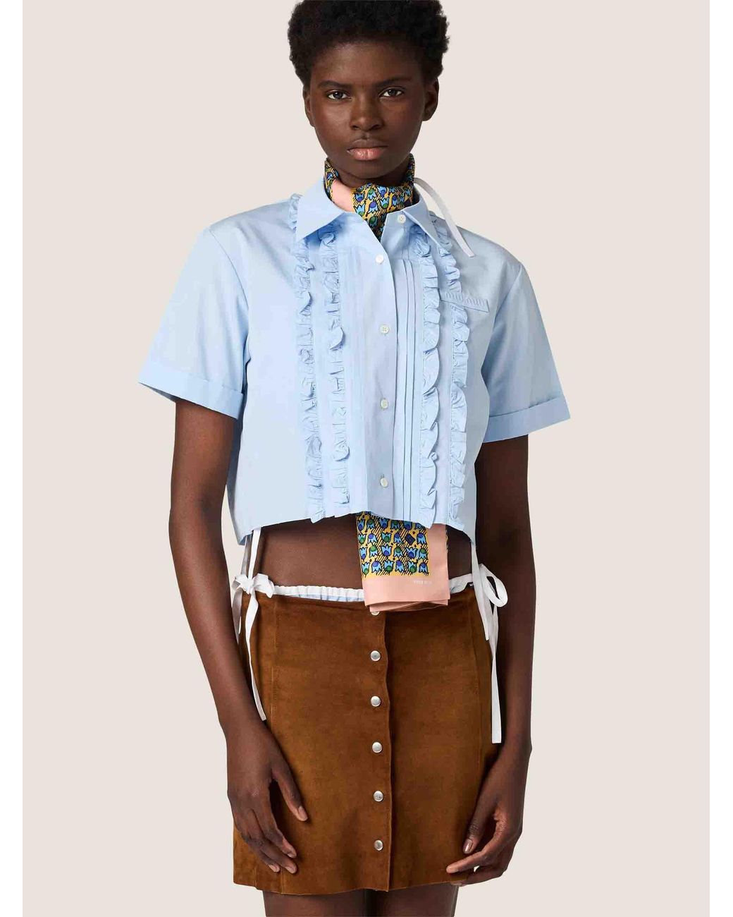 Miu Miu Blue Cropped Ruffle Shirt