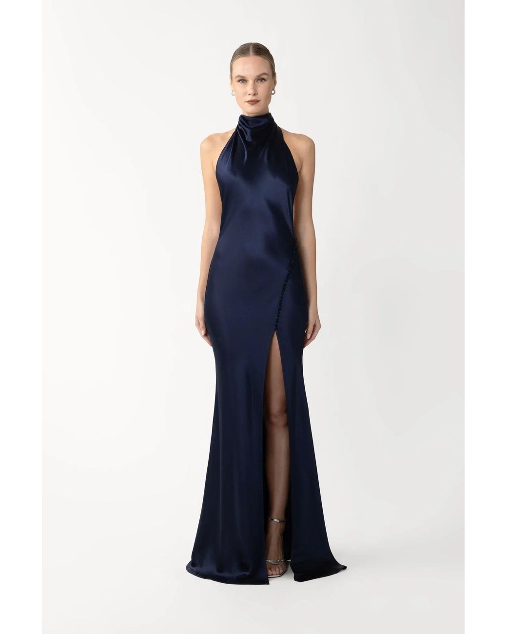 SAU LEE Blue Penelope Backless Satin Gown