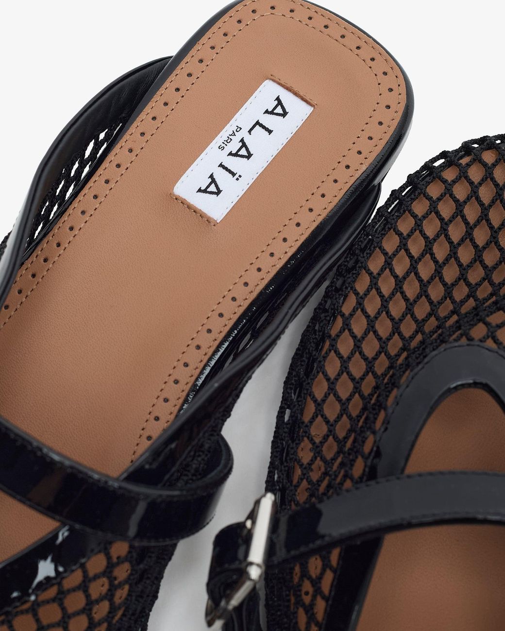 Alaïa White Patent Black Mesh Mule Flats