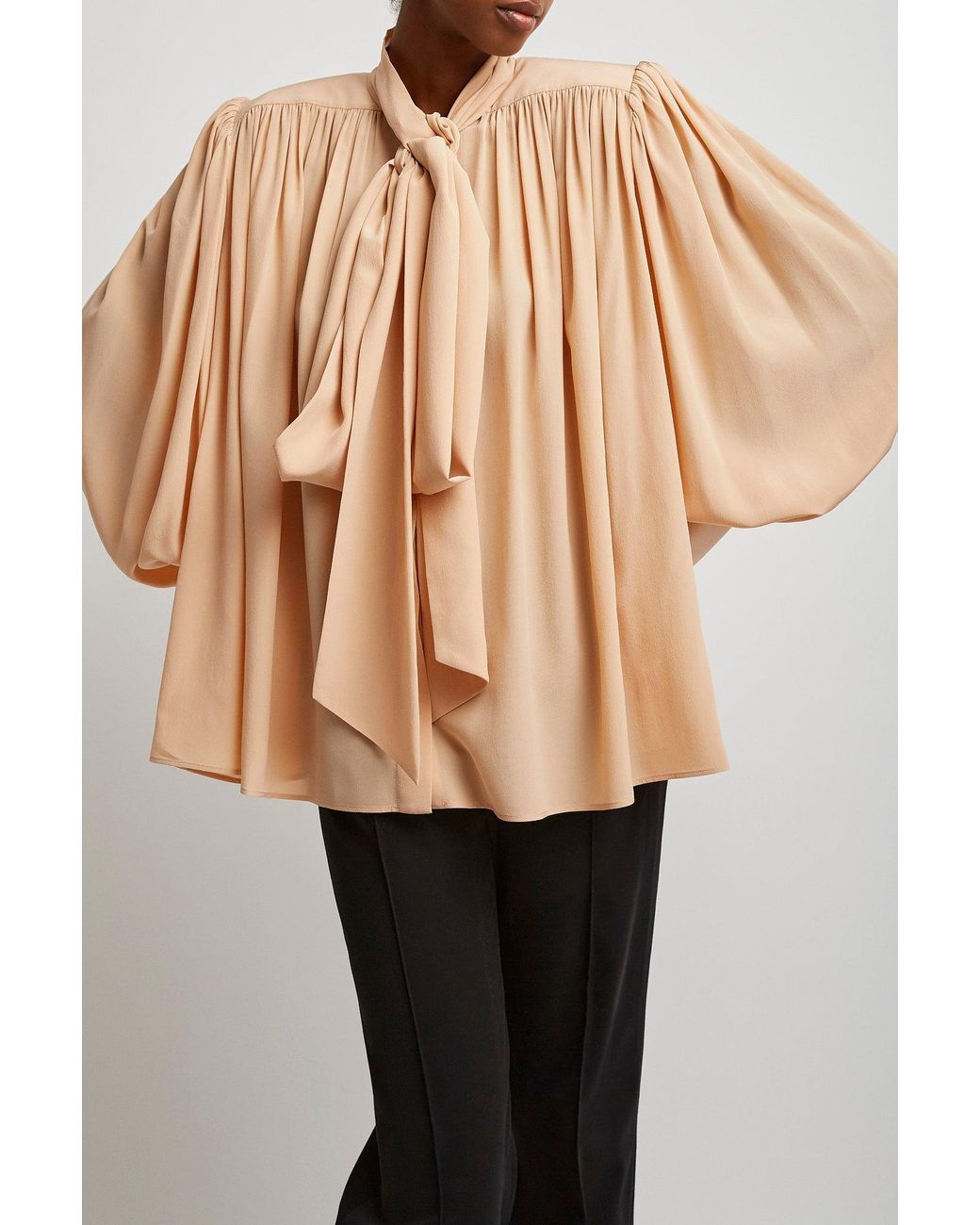 Chloé Natural Oversized Gathered Lavalliere Blouse