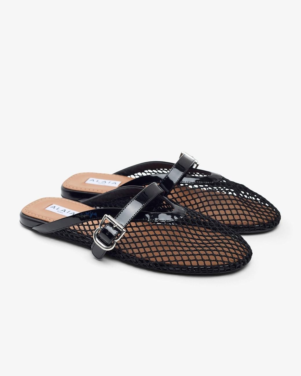 Alaïa White Patent Black Mesh Mule Flats