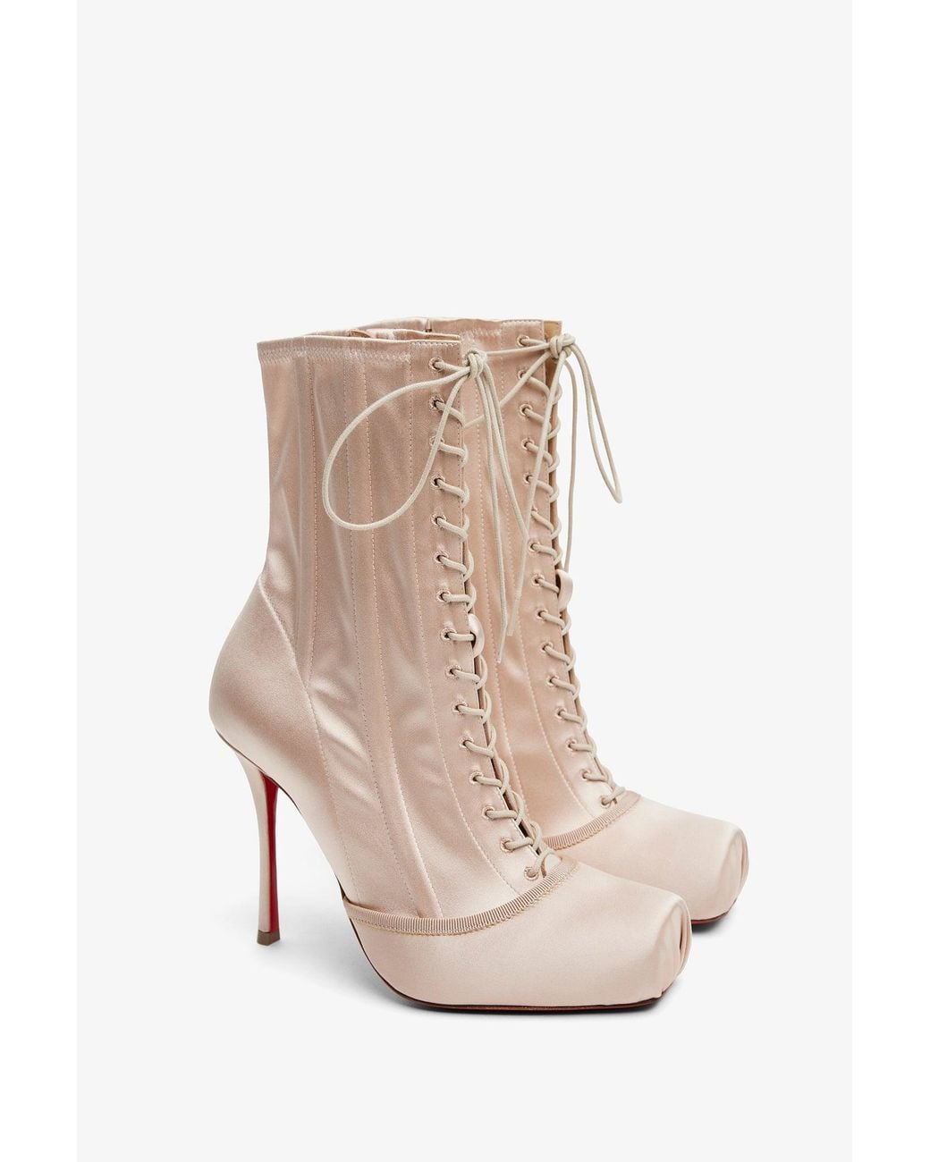 Christian Louboutin White Pavlova 100 Lace Up Blush Satin Boots