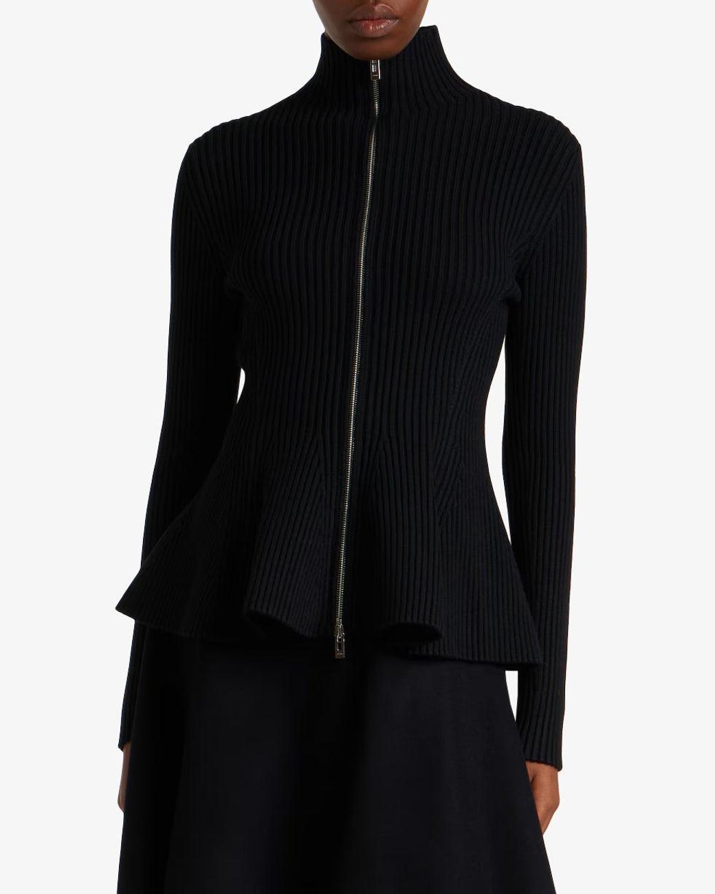 Alaïa Black Ribbed Peplum Wool Cardigan