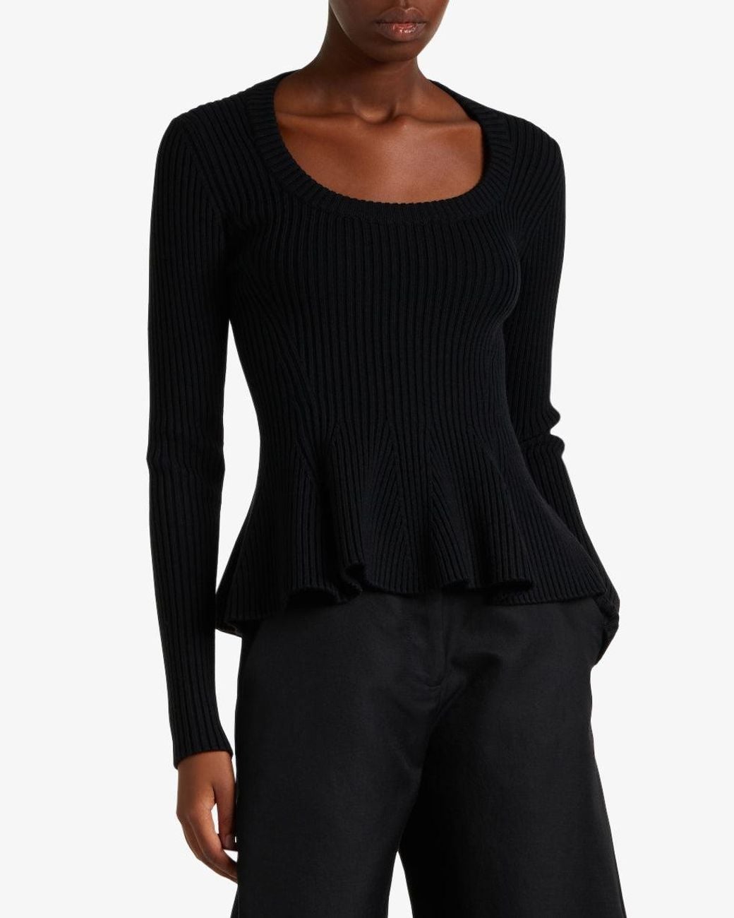 Alaïa Black Ribbed Peplum Wool Sweater