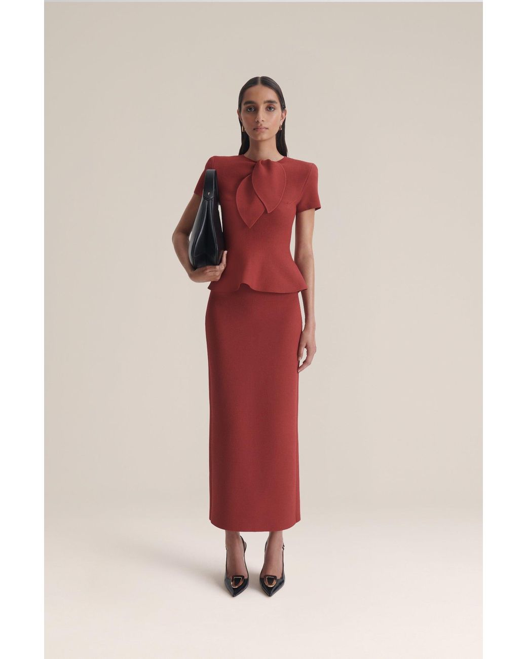 Scanlan Theodore Crepe Knit Pencil Long Skirt in Red | Lyst
