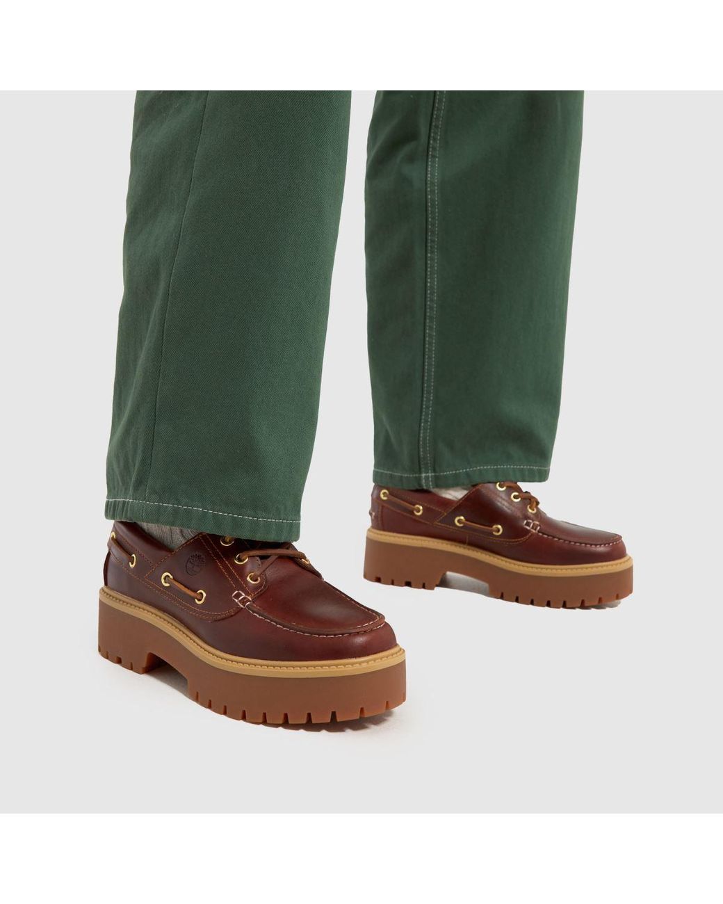 Timberland Women s Premium Elevated 3 Eye Boat Flat Shoes in Brown