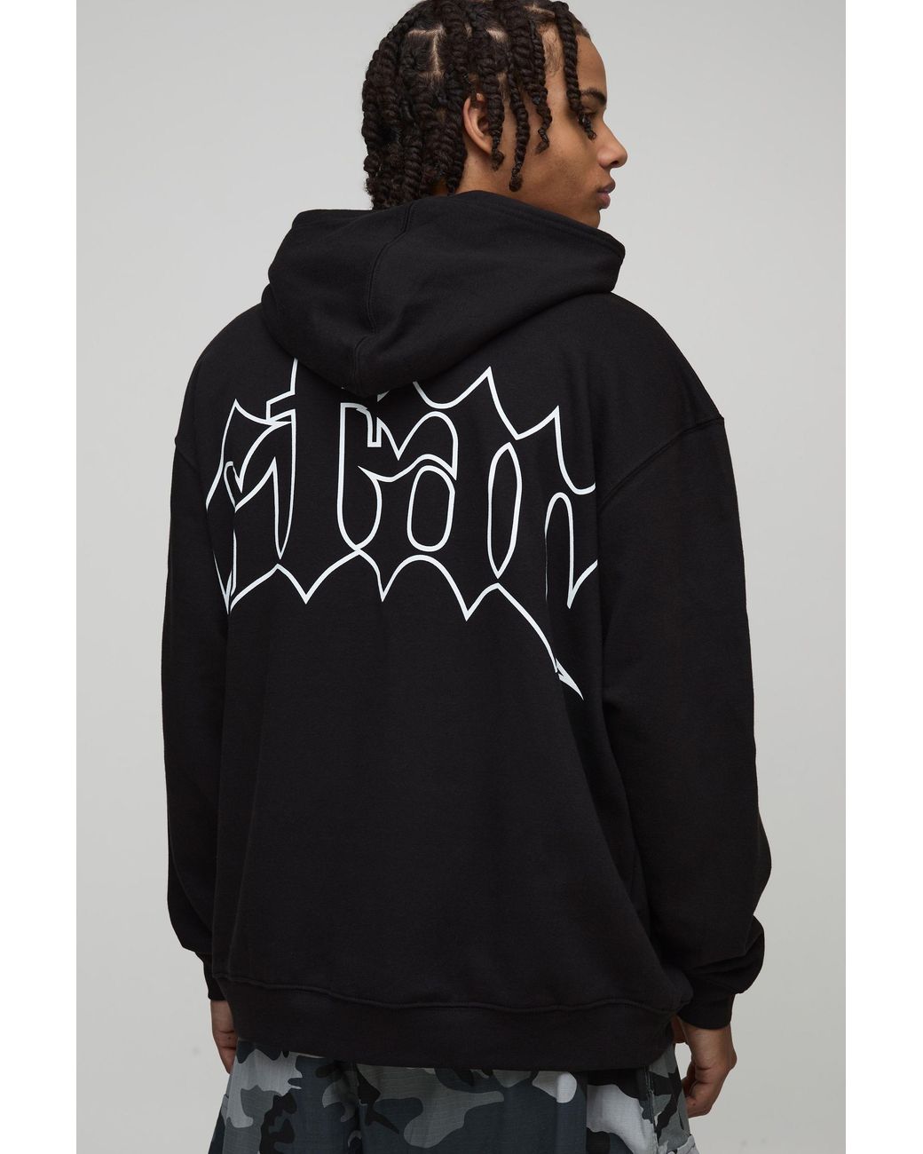 BoohooMAN Black Oversized Star Printed Hoodie Cotton for men