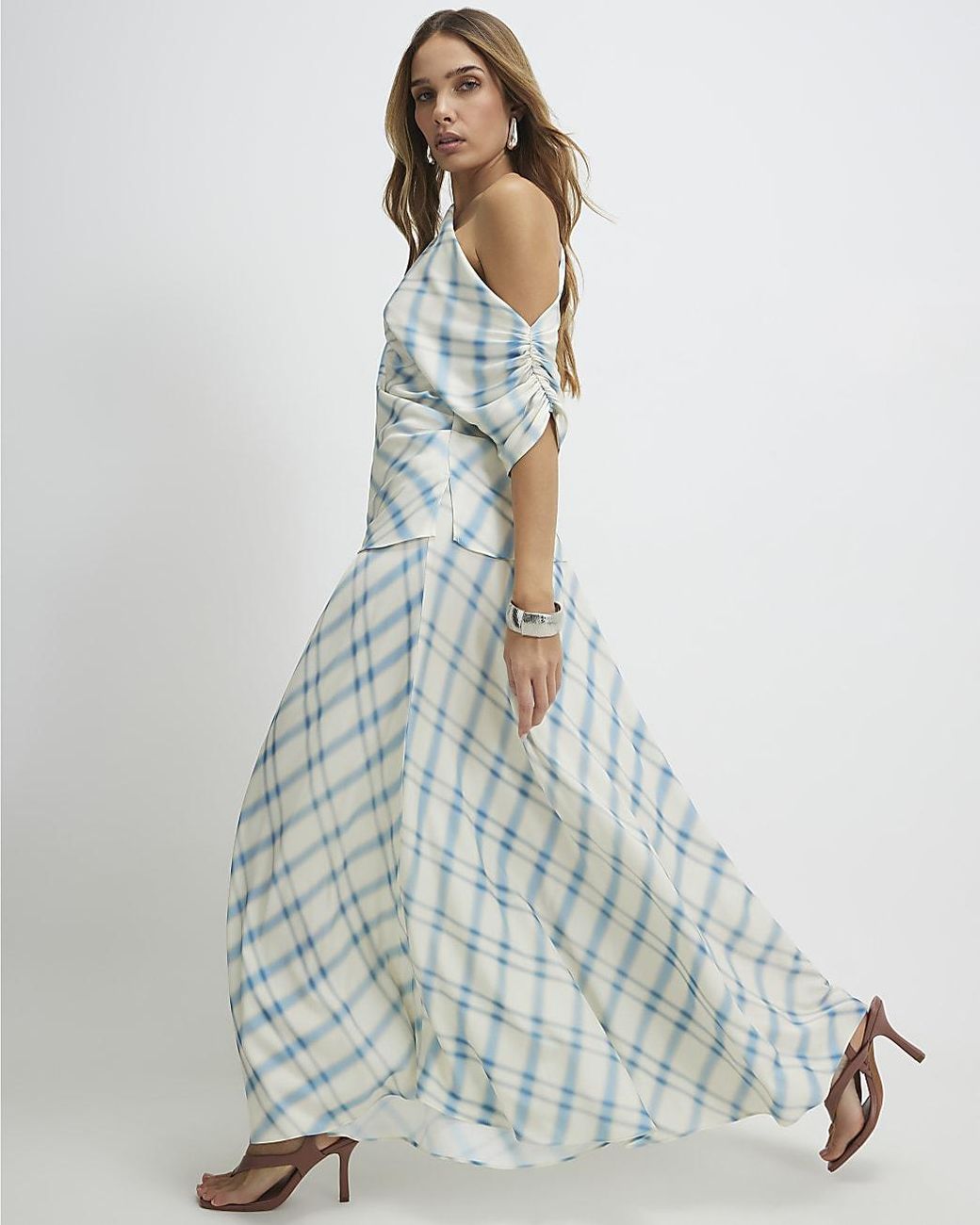 River Island Blue Maxi Skirt Check Elasticated Waist