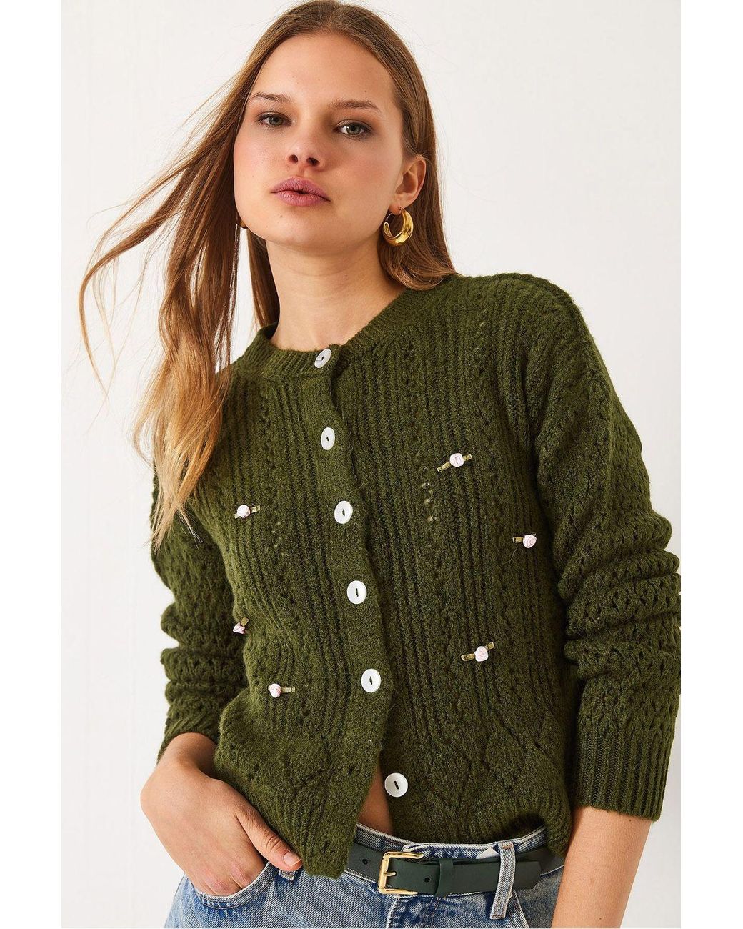 Bianco Lucci Green Textured Knitwear Cardigan With Button Closure