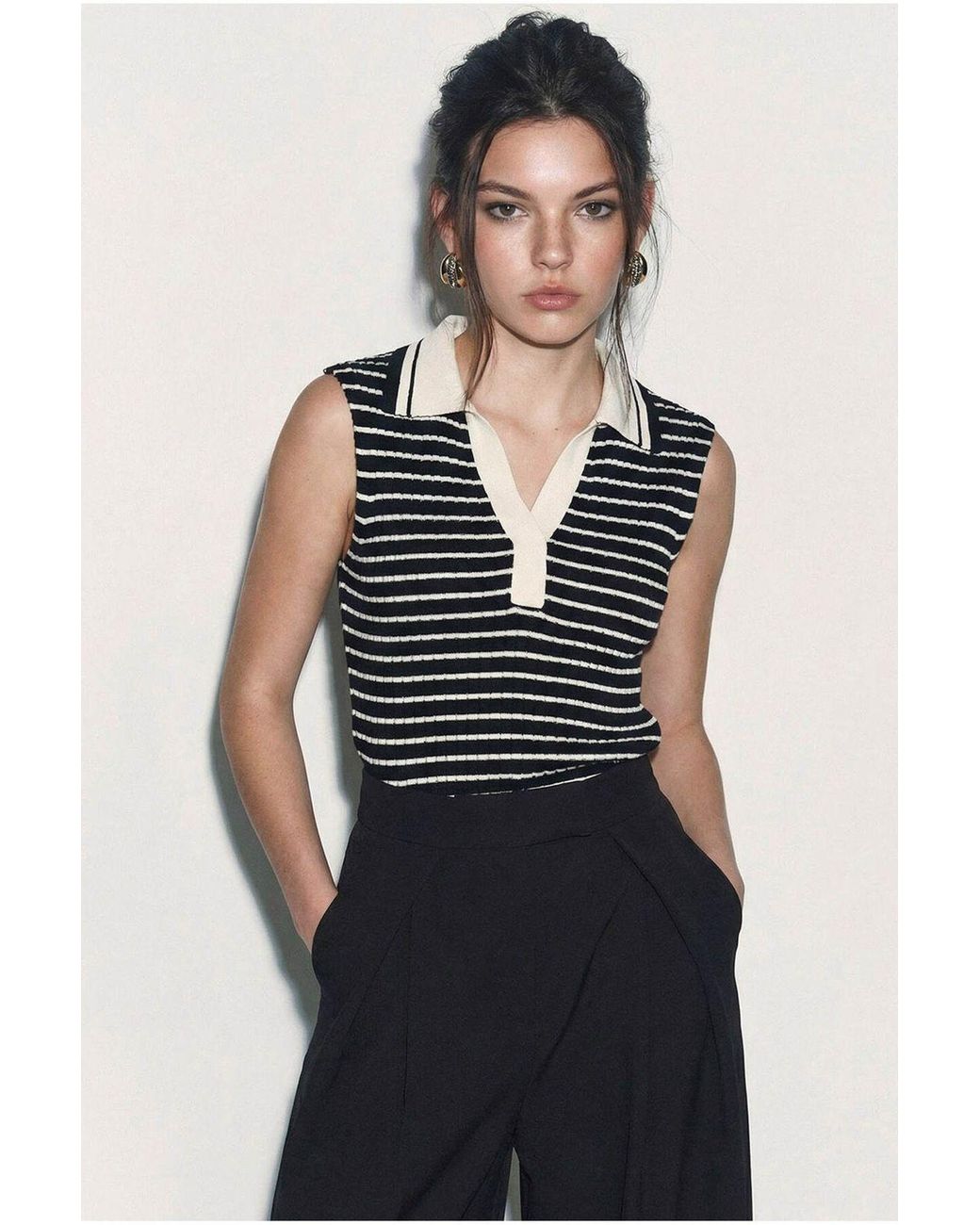 Bianco Lucci Blue Striped Polo Collar Top