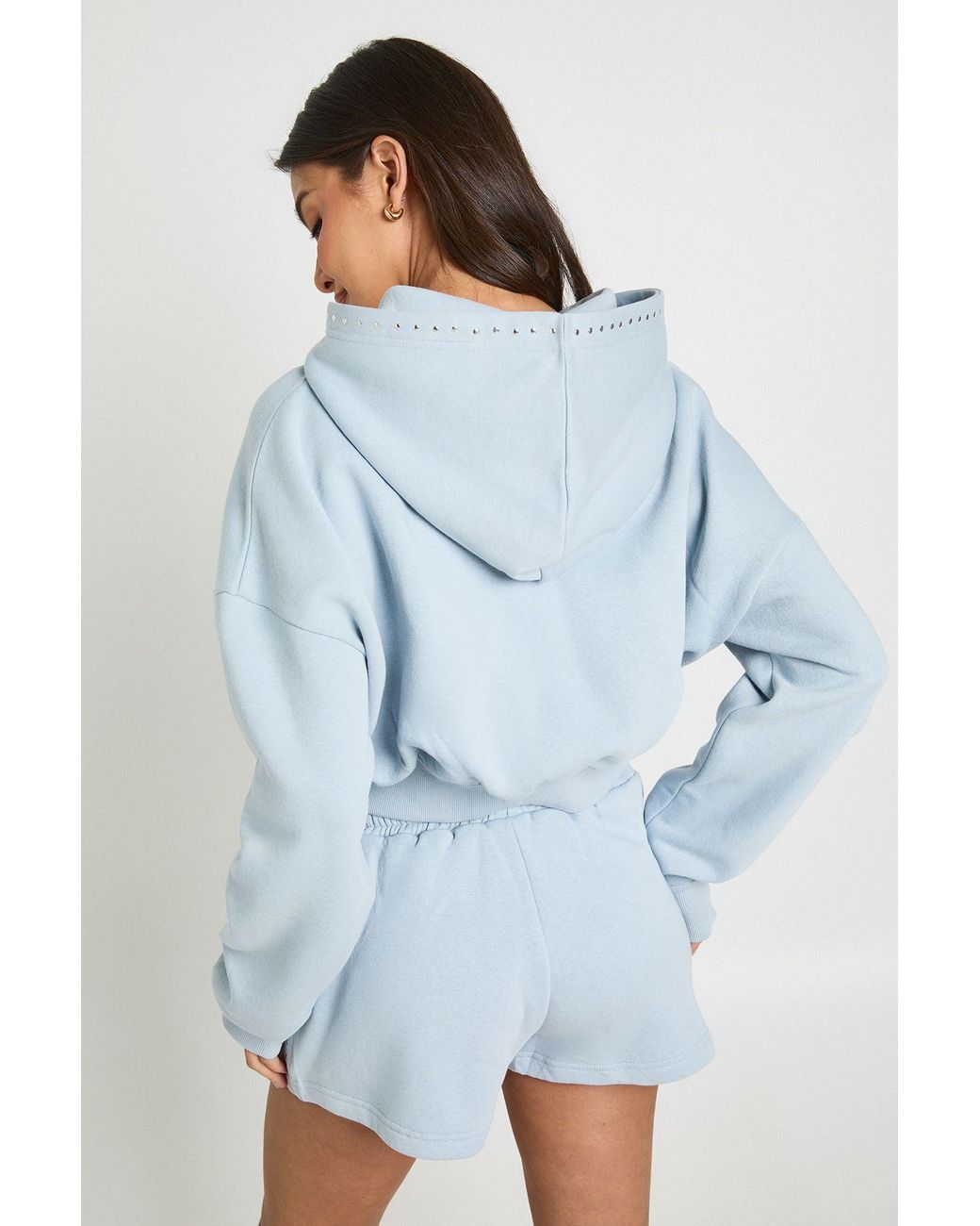 Boohoo Blue Stud Detail Boxy Crop Zip Through Hoodie