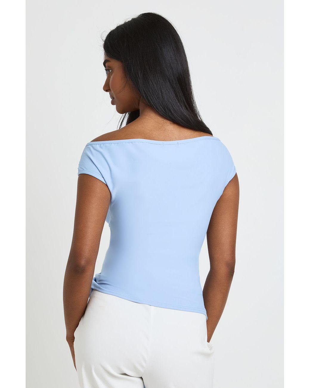 Boohoo Blue Tie Waist Of The Shoulder Top