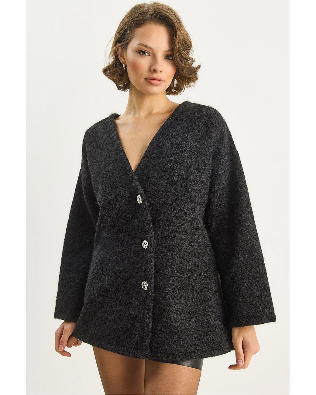 Bianco Lucci Black Textured V-Neck Button Cardigan