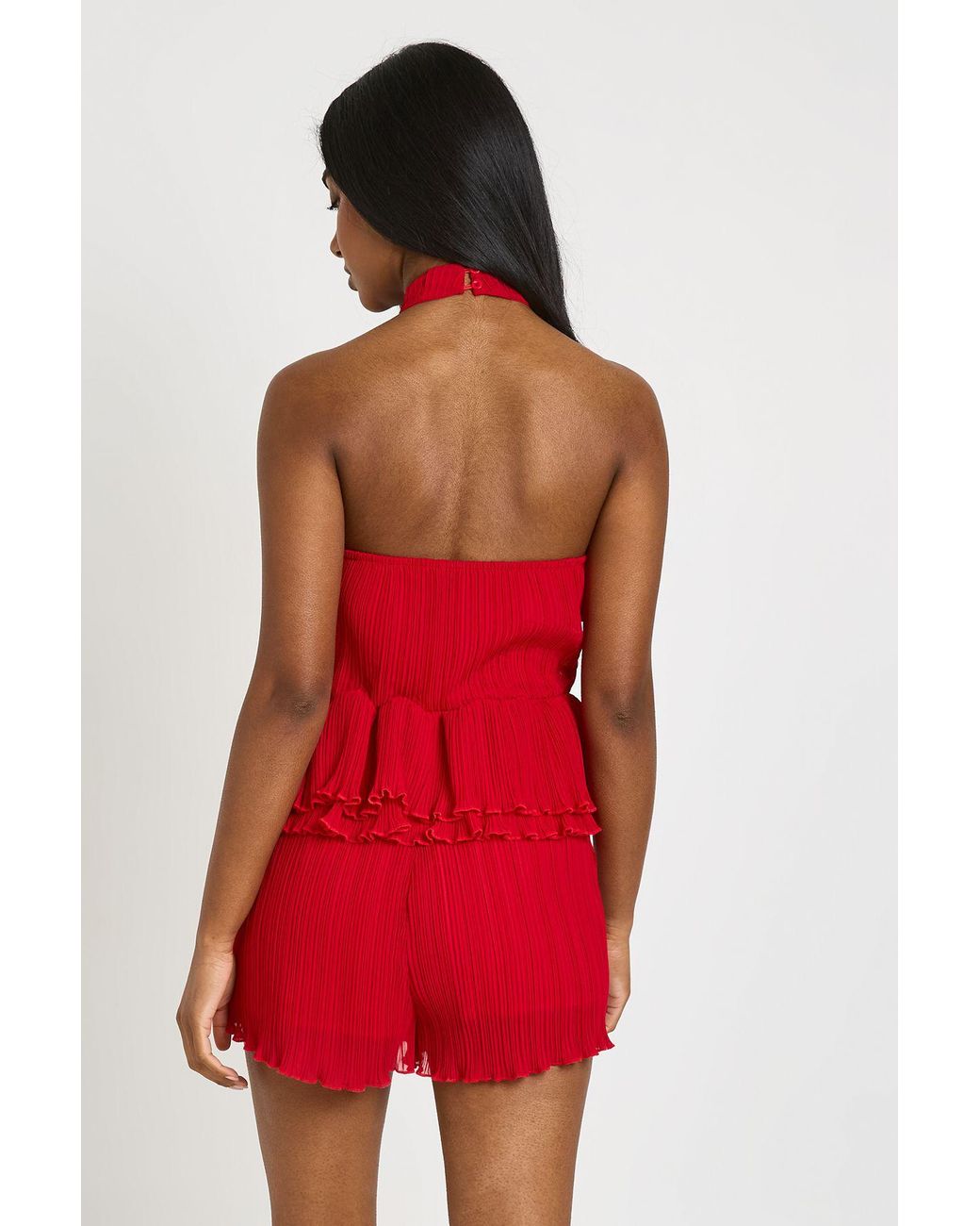 Boohoo Red Plisse Halterneck Playsuit