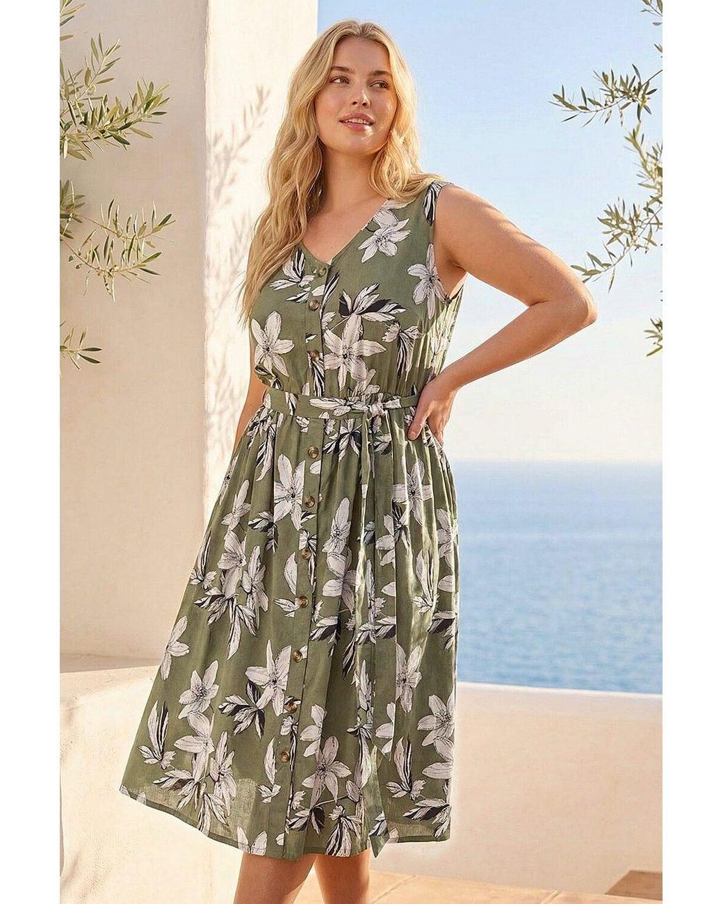 Roman White Curve Floral Button Midi Dress