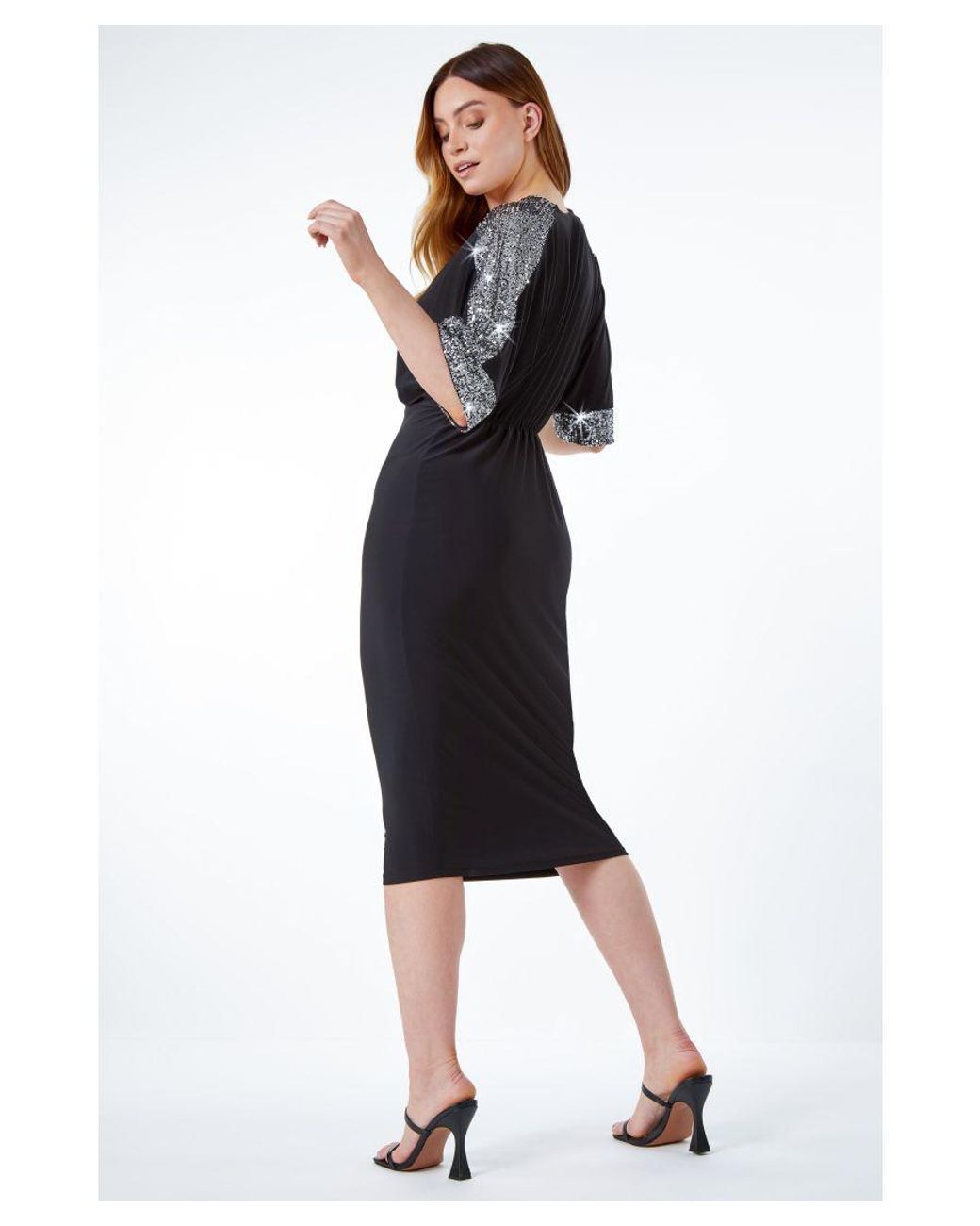 Roman Blue Sequin Sleeve Midi Dress