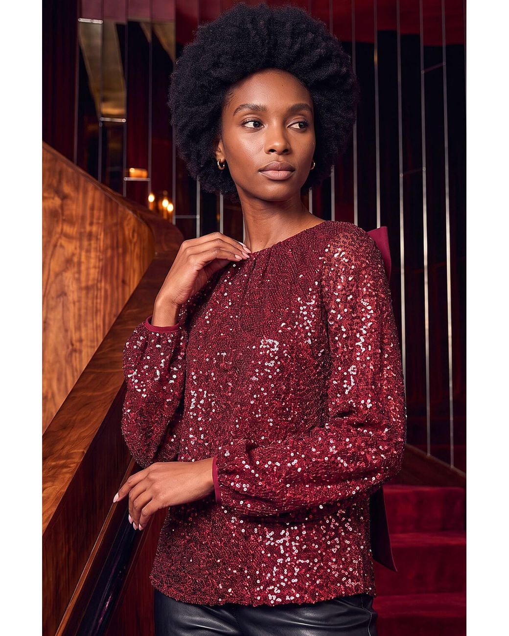 Roman Red Sequin Satin Bow Back Top