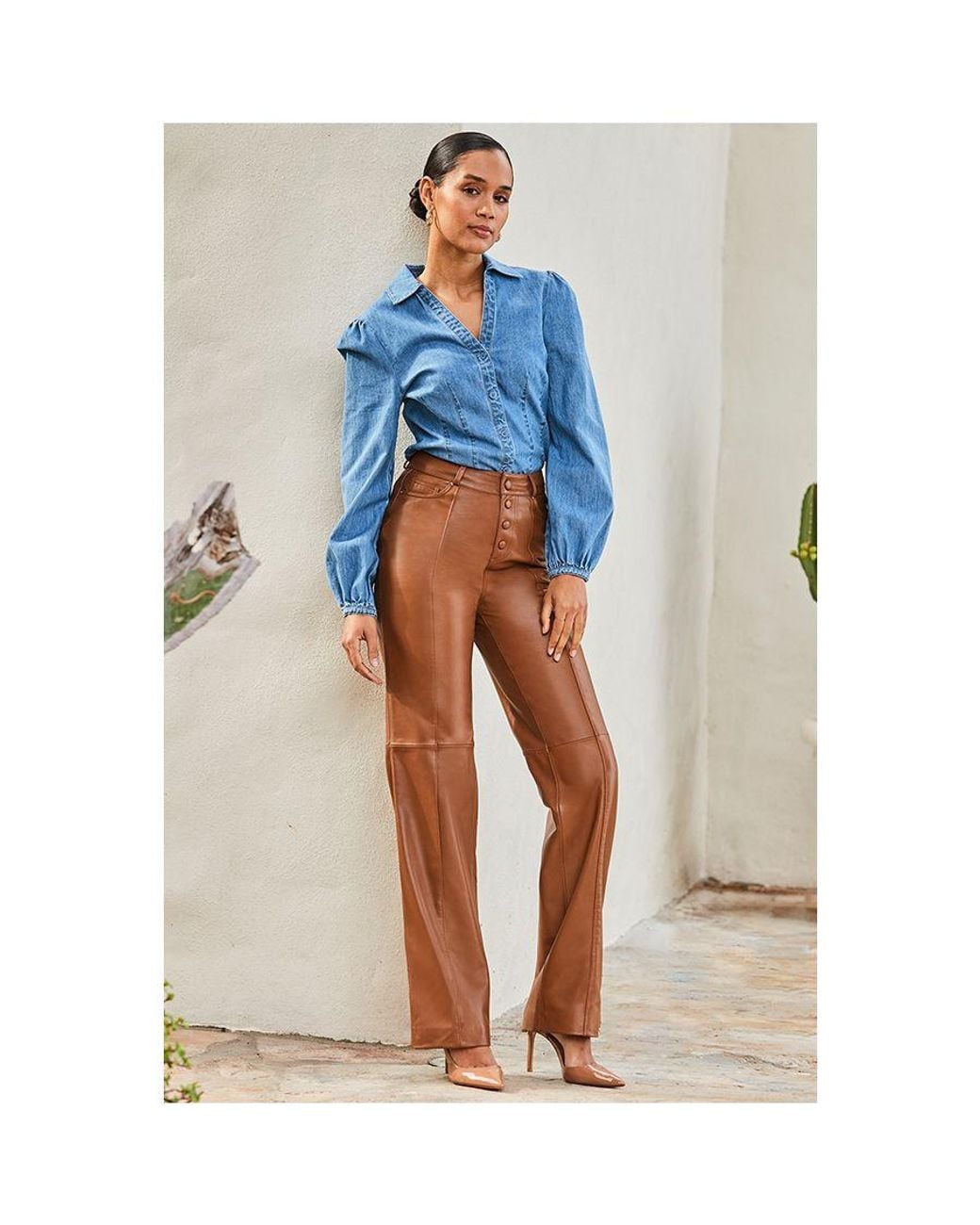Sosandar Blue Tan Leather Button Front Wide Leg Trousers