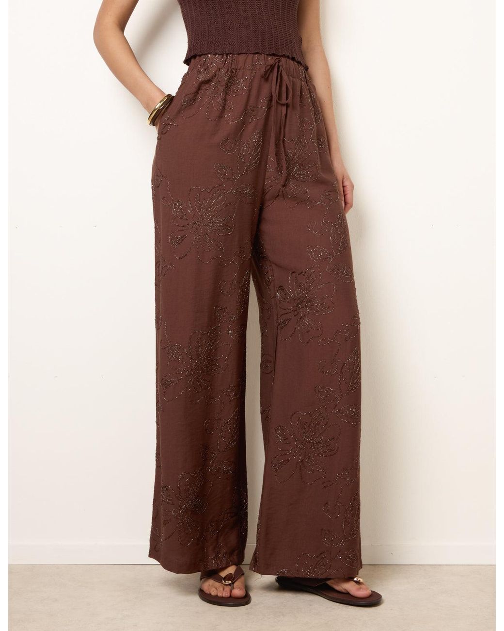 Blue Vanilla Brown Embroidered Pattern Wide-Leg Trousers
