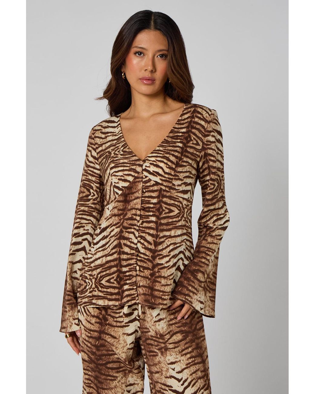 Urban Bliss Brown Zebra Button Front Top