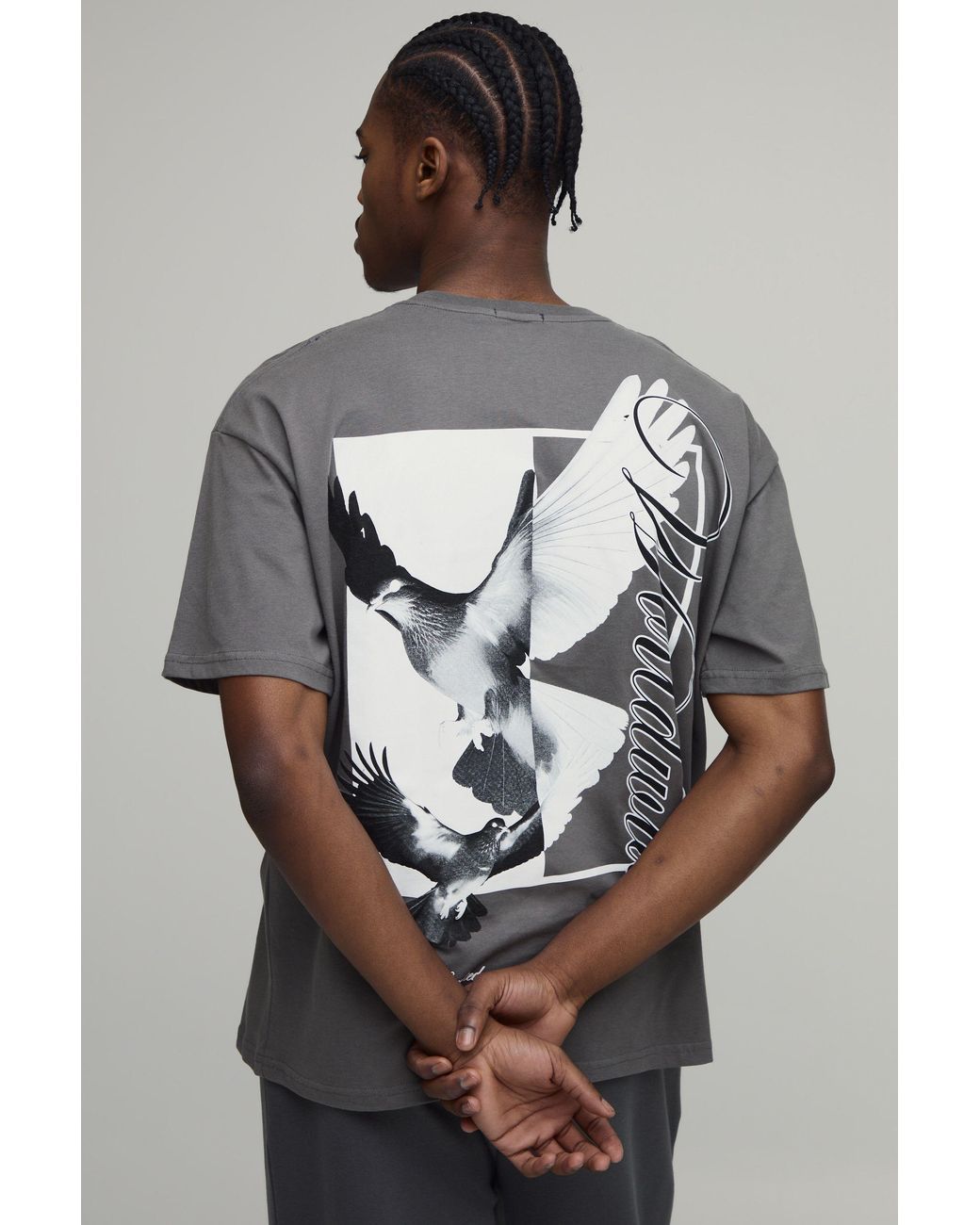 BoohooMAN Gray Oversized Dove Worldwide Back Print T-Shirt for men