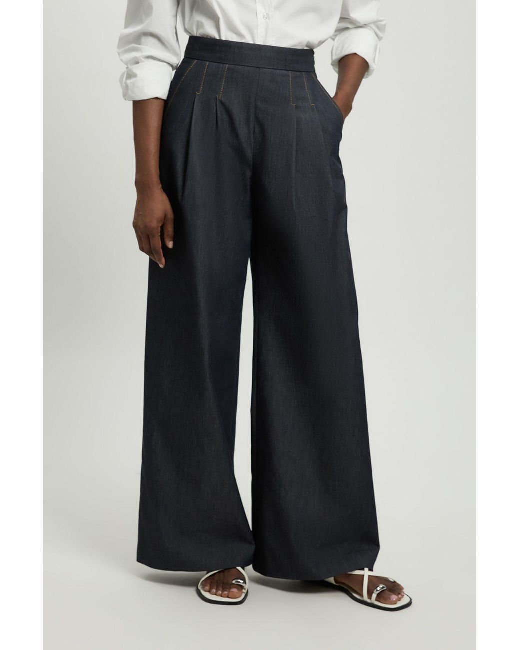 Karen Millen Blue Tailored Denim Wide Leg Pleat Detail Trouser