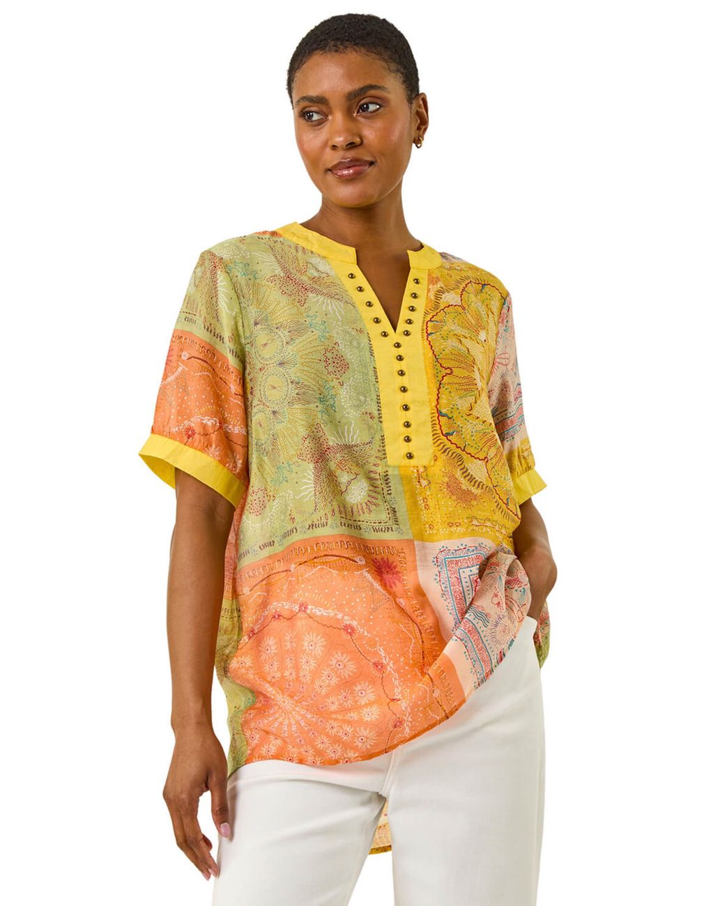 Roman Yellow Patchwork Print Top