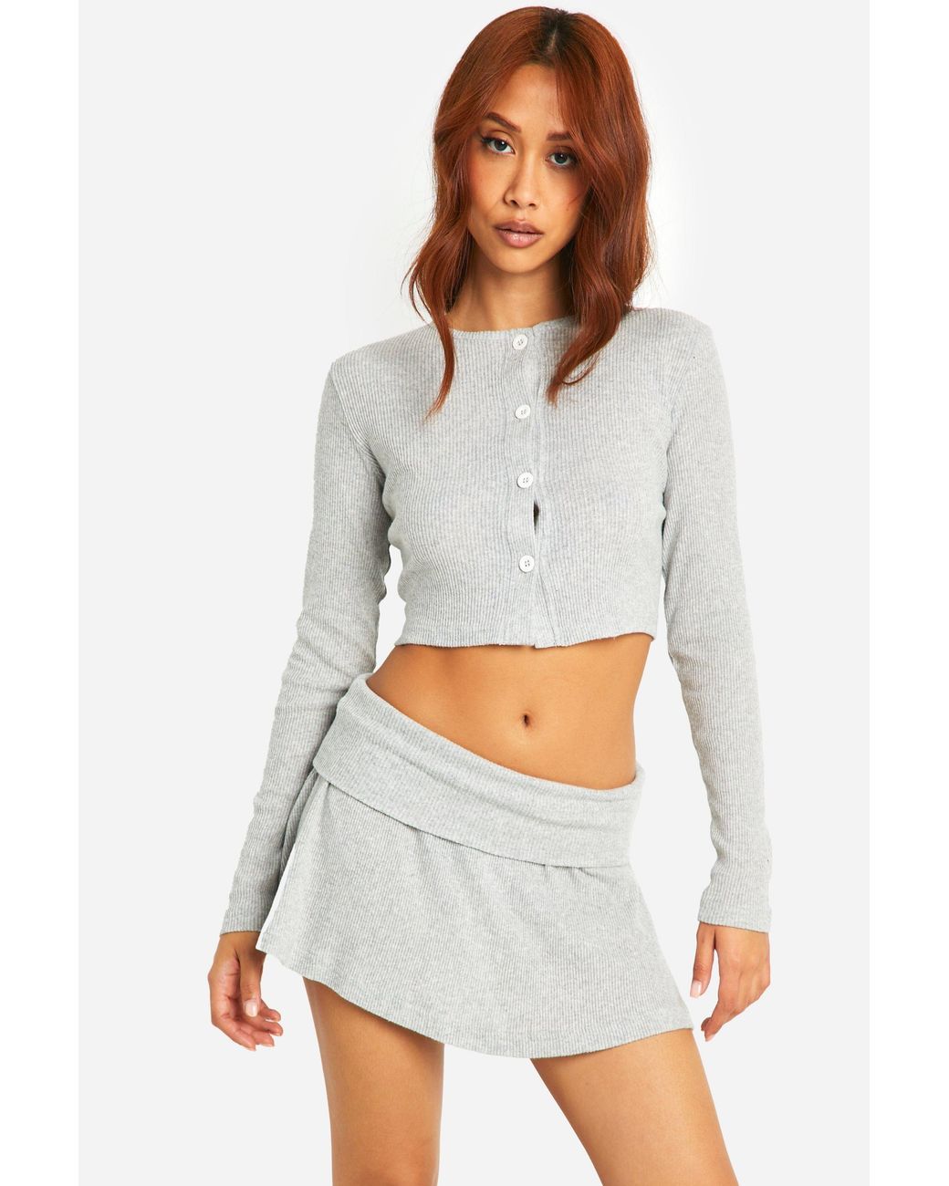 Boohoo White Brushed Rib Cardigan And Mini Skirt Set