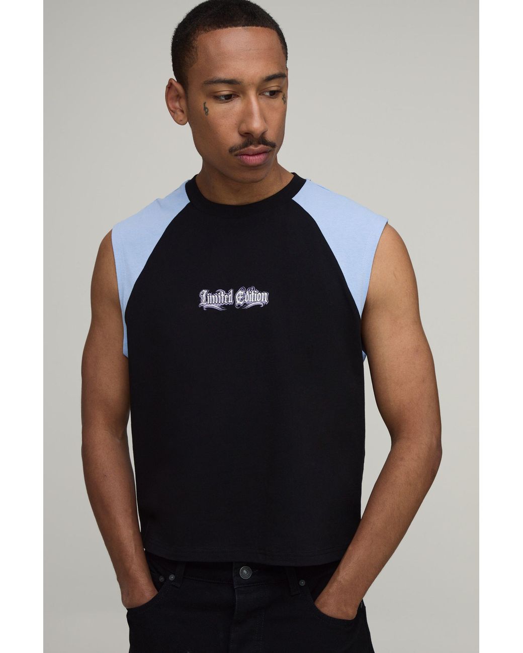 BoohooMAN Blue Regular Shrunken Raglan Slogan Print Tank for men