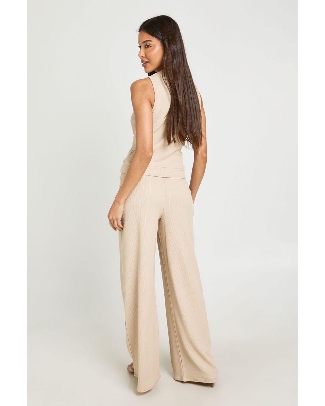 Boohoo Natural V Neck Wrap Over Deep Hem Top And Wide Leg Trouser Coord