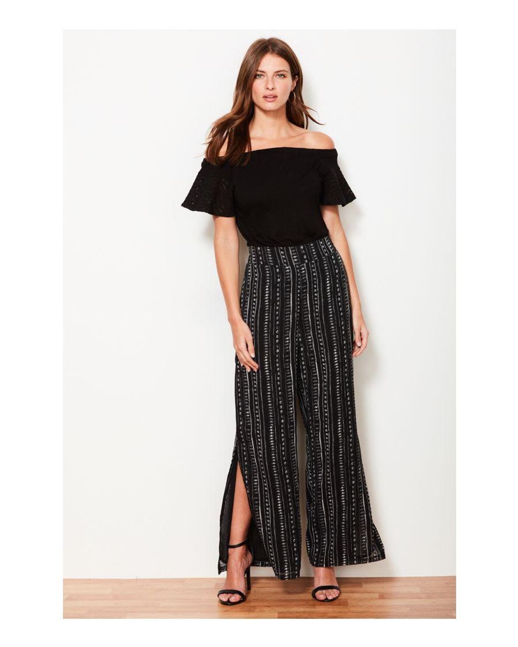 Sosandar Black Dot & Stripe Side Split Trouser