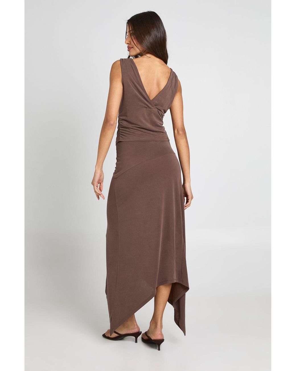 Boohoo Brown Cupro Hanky Hem Midaxi Skirt
